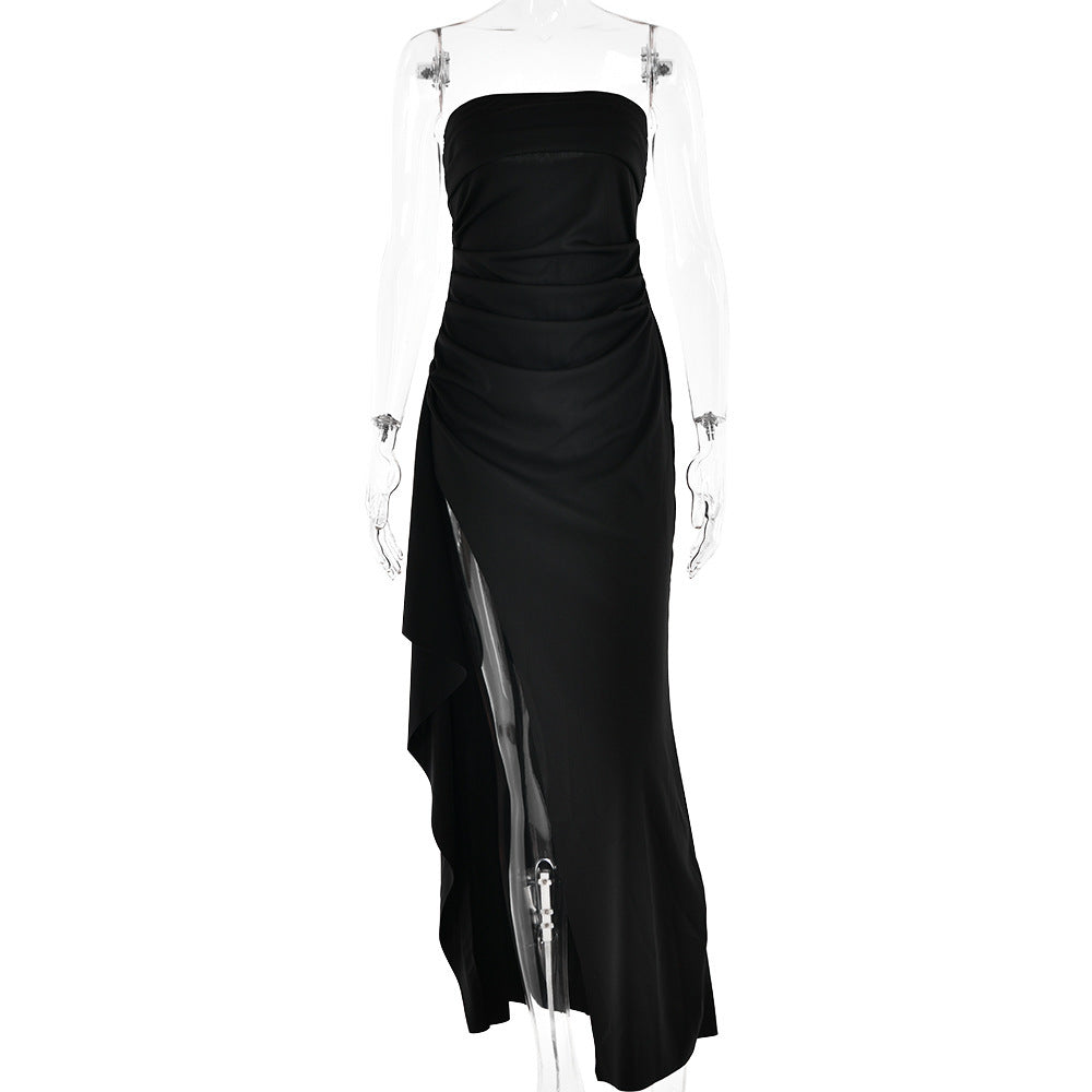 Robe longue bustier – fente haute, dos nu et plissée à la taille