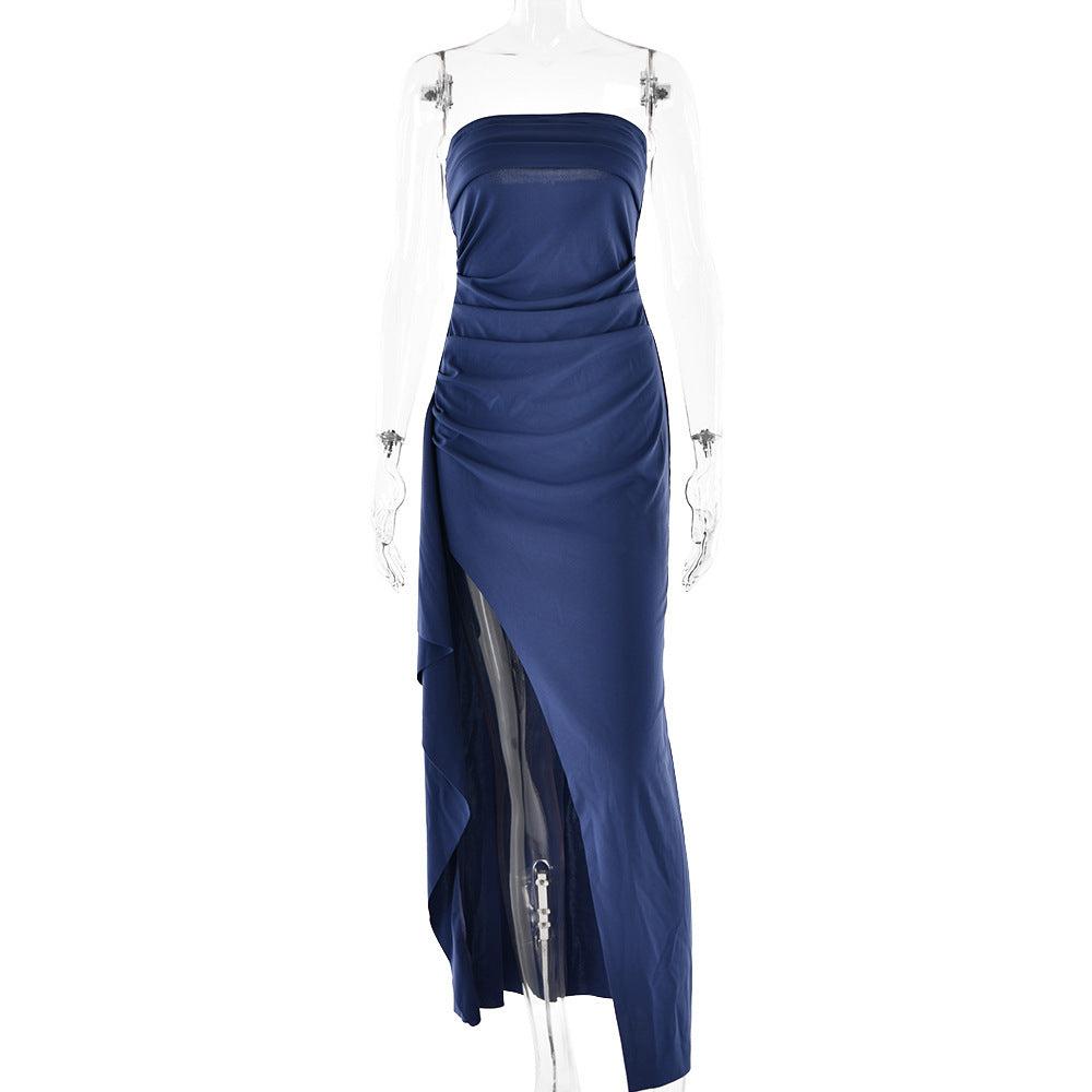 Robe longue bustier – fente haute, dos nu et plissée à la taille