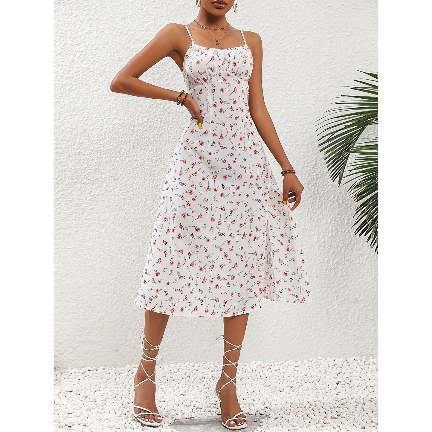 Robe longue à bretelles – imprimé à pois, fente sexy et coupe fluide