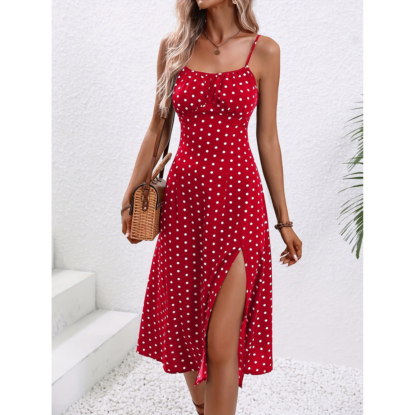 Robe longue à bretelles – imprimé à pois, fente sexy et coupe fluide
