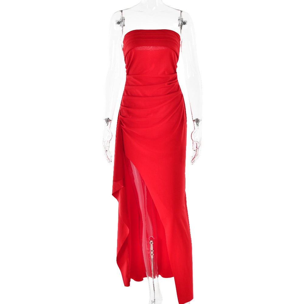 Robe longue bustier – fente haute, dos nu et plissée à la taille