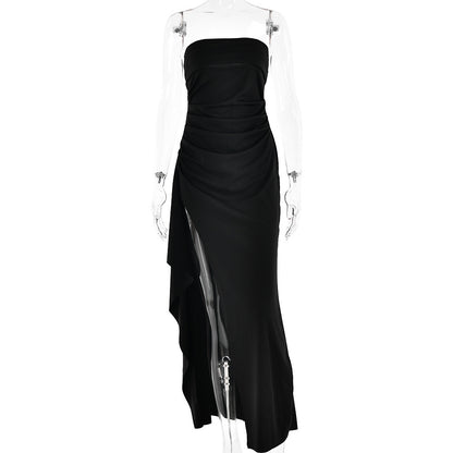 Robe longue bustier – fente haute, dos nu et plissée à la taille