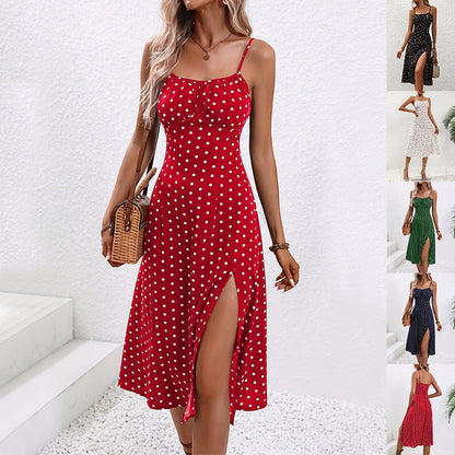 Robe longue à bretelles – imprimé à pois, fente sexy et coupe fluide