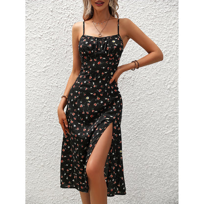 Robe longue à bretelles – imprimé à pois, fente sexy et coupe fluide