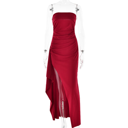 Robe longue bustier – fente haute, dos nu et plissée à la taille