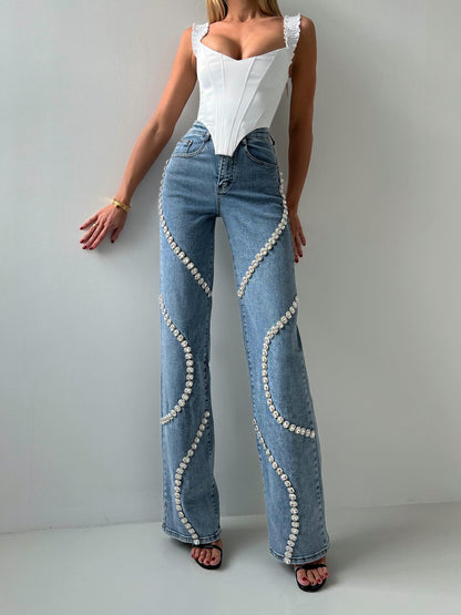 Jean Femme Style Street avec Strass – Coupe Droite