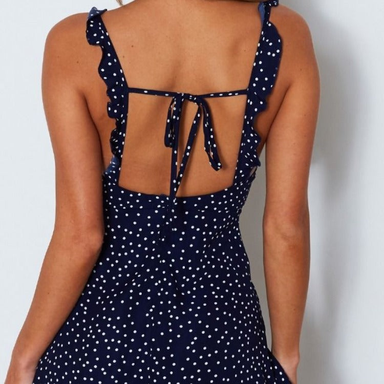 Robe courte à pois – bretelles fines, col V, coupe évasée estivale